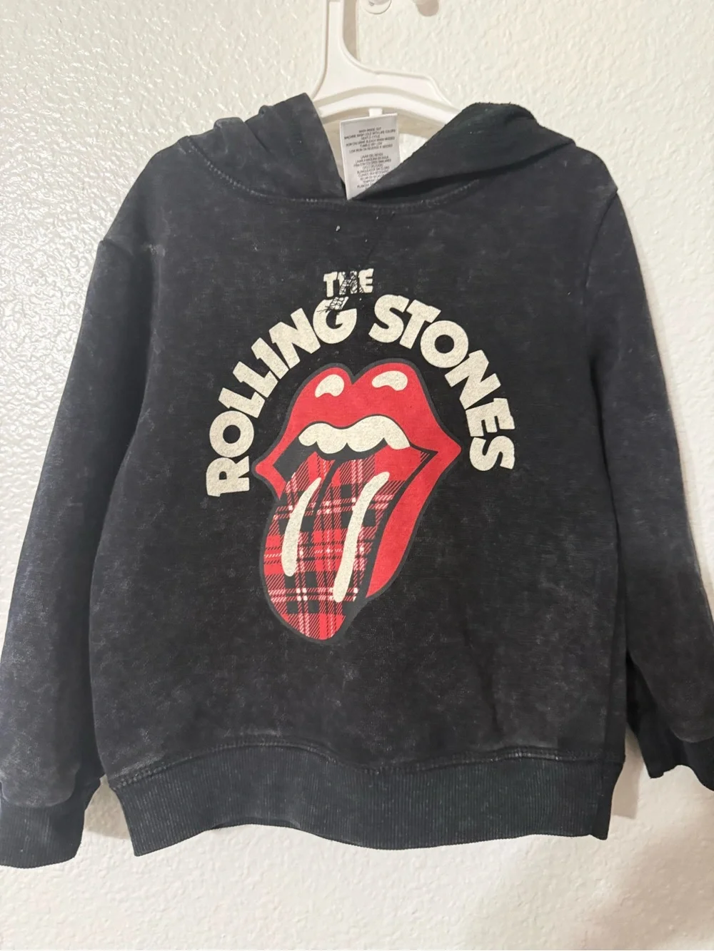 the Rolling Stones Black Hoodie with Red Plaid Tongue Graphic